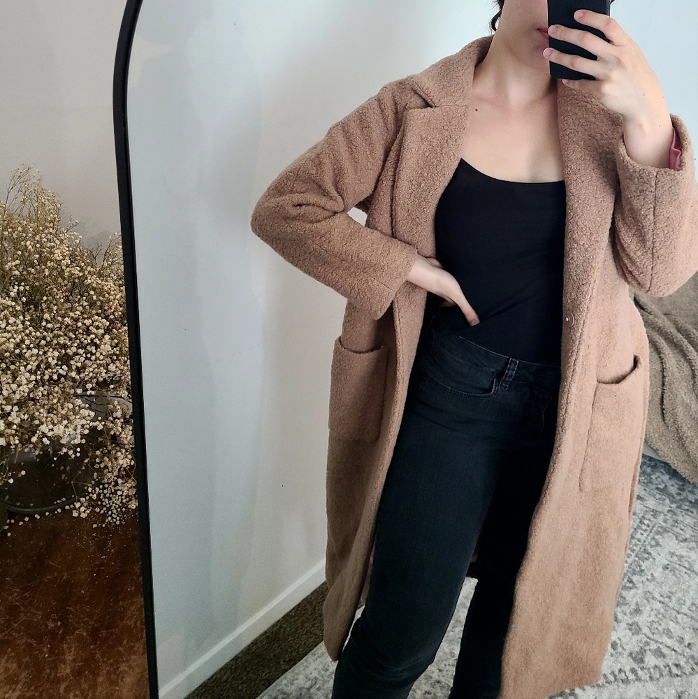 GANNI Fenn Long Wrap Boucle Coat in Chanterelle
